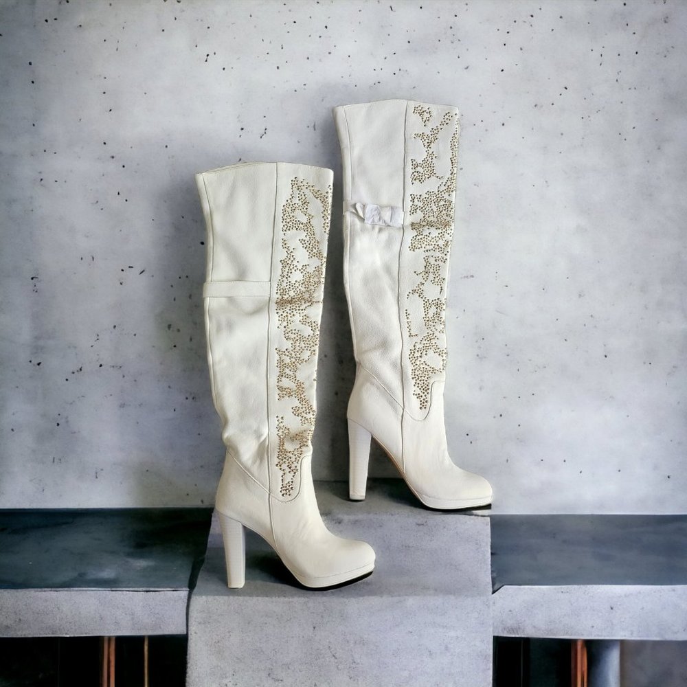 NEW Thomas Wylde Off White Over Knee Gold Studded Boots in Size 8